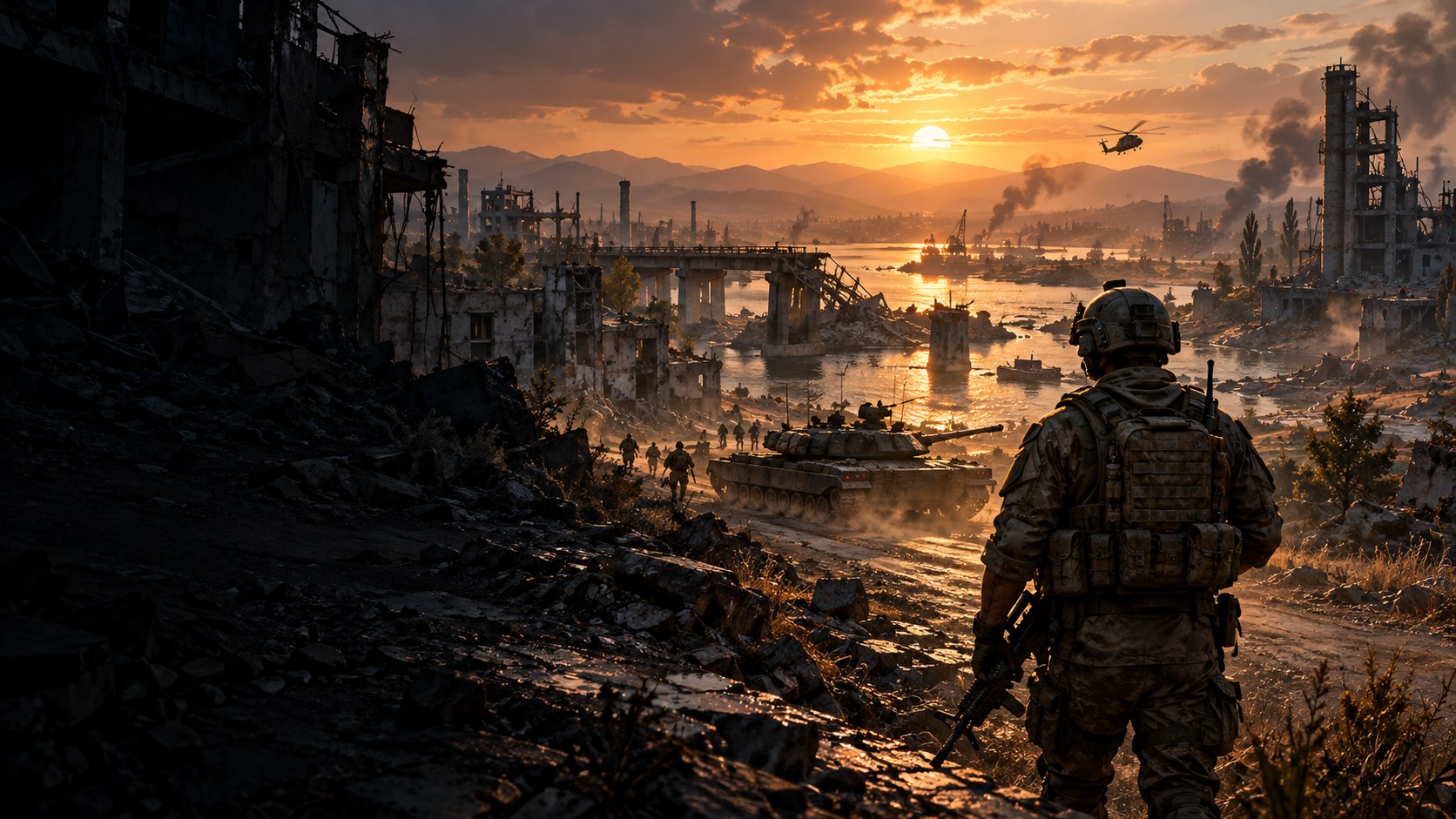 A soldier overlooking a ruined river crossing, with a tank and helicopter at sunset