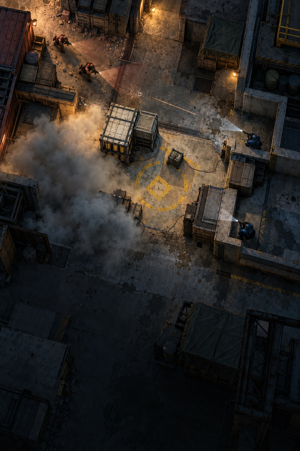 An overhead view of operators taking cover around a warehouse bomb site